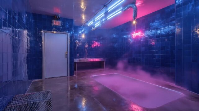 A surreal, blue-tiled room bathed in purple and pink neon, with an illuminated pool and fog