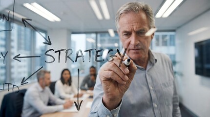 Experienced executive formulating growth strategy on a glass board during a collaborative team meeting in a modern office