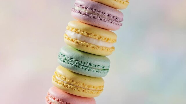 Colorful macarons stacked vertically on a stick against a blurred pastel background