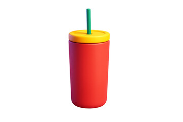 Obraz premium Bright red plastic tumbler with yellow lid and green straw, isolated on white background, clean modern design concept element. Ai generative
