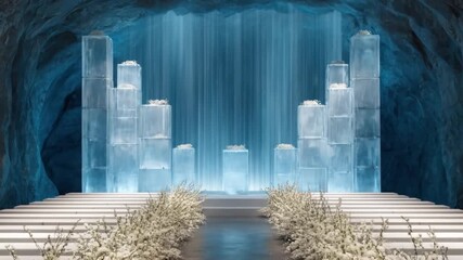 A fantastical, icy wedding scene inside a cave. Cubes, waterfall, and florals create the ambiance