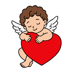 Fototapeta premium Dibujo sencillo con líneas de un querubín abrazado a un corazón. Símbolo de cupido para tarjetas y felicitaciones de San Valentín