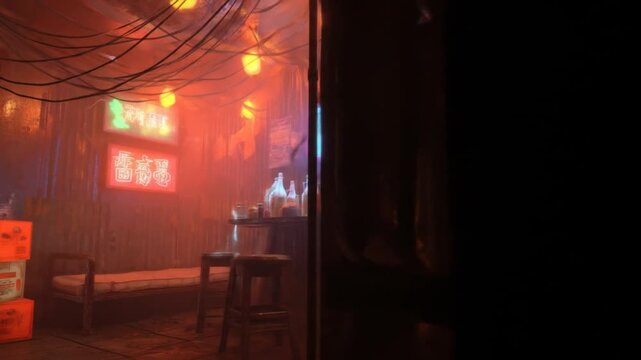 A dimly lit, grungy interior, with neon signs, stacked boxes, and a makeshift bar