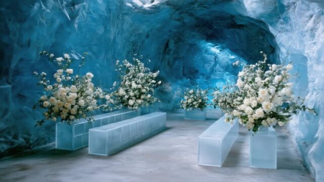Inside a glacial cavern with white flowers. Blue and white interior. Clear benches with floral displays