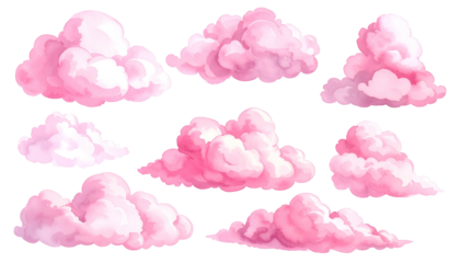 Nine pixelated, fluffy, pink clouds of varying shapes and sizes on black background