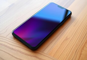 Sleek black smartphone lying flat on wooden table,  flatlay,  object