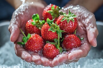 A person is washing strawberries in a sink under running water.
