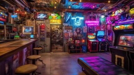 A dimly lit interior with a bar, stools, posters, neon signs, and arcade games - Powered by Adobe