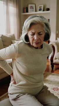 Elderly woman experiencing back pain while sitting on a sofa at home, vertical shot