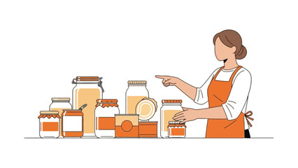 Woman in apron proudly presenting a collection of preserved food jars and containers