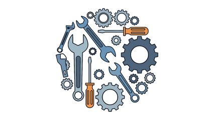 Assortment of tools and gears arranged in a circular pattern, representing mechanical engineering and repair.