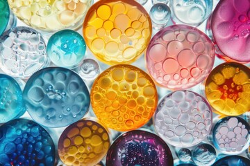 Colorful oil droplets creating bubbles in water, forming an abstract colorful pattern, ideal for backgrounds and textures