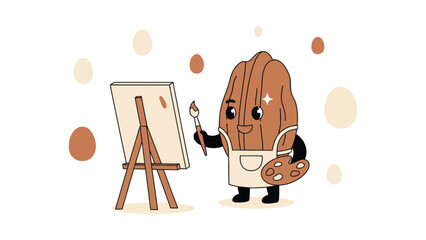 Joyful almond character with artist's apron painting on canvas with palette and brush