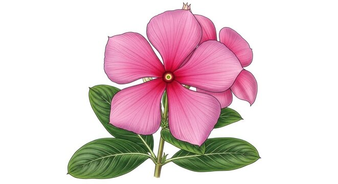 Detailed botanical illustration of a pink periwinkle flower with green leaves.