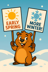Naklejka premium The groundhog holds two large clear signs in a festive pose. One of the signs depicts the sun and the inscription 