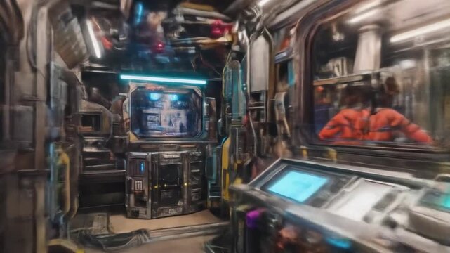 Interior view of a futuristic space station control room, lit by cool blue and warm yellow