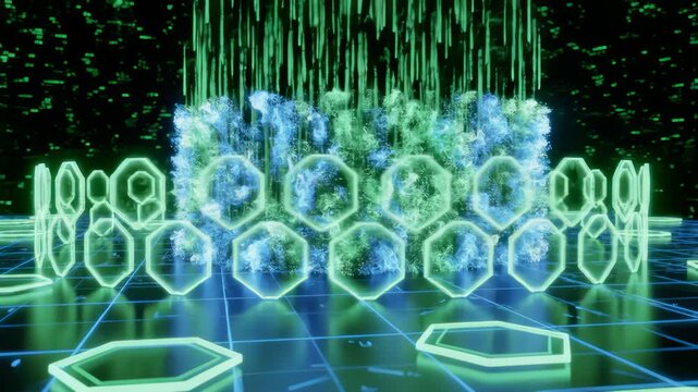 Data Stream Triggers Abstract Hexagonal Formation on Digital Grid
