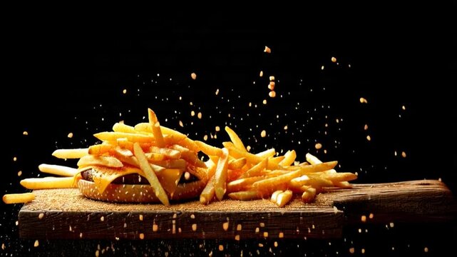 Falling golden French fries captured mid-air on wooden board in studio setting with high-resolution 4K 24fps close-up view