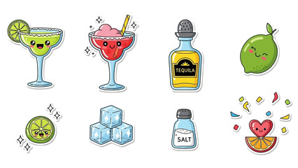 A collection of cute, kawaii-style illustrations featuring margarita ingredients and related festive elements.
