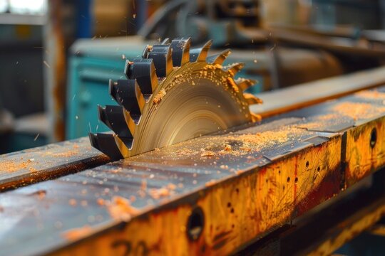 Circular saw cutting a wooden plank, with sawdust flying, in a carpentry workshop - Powered by Adobe