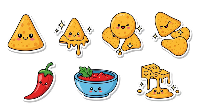 Cute cartoon-style illustrations of nachos, tortilla chips, melted cheese, salsa, and a chili pepper with happy faces, perfect for food-themed designs.
