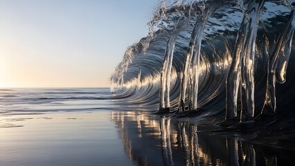 Magnificent breaking ocean wave at sunrise with golden light reflecting on the water and wet sand, capturing the powerful beauty of nature and the ocean