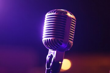 A vintage microphone with a silver body and black grille, standing on a stand against a dark background.