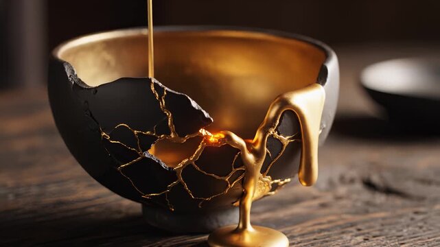 Pouring Liquid Gold to Repair a Broken Black Bowl, Kintsugi Style