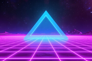 A futuristic neon-lit triangle stands alone in a vibrant purple landscape under a starry night sky, evoking a sense of high-tech wonder and digital artistry