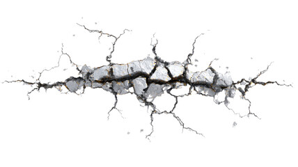 Obraz premium Metallic surface breaking apart revealing sharp cracks fractured steel texture dramatic destruction detail isolated on white background
