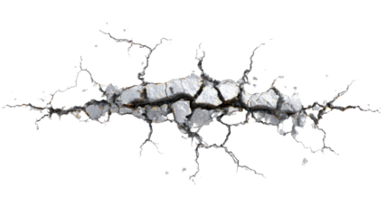 Metallic surface breaking apart revealing sharp cracks fractured steel texture dramatic destruction detail isolated on white background