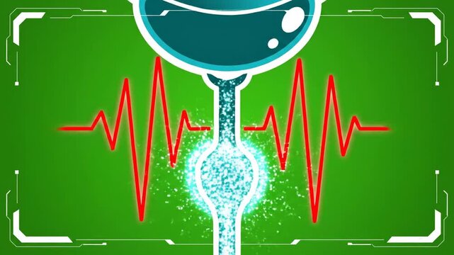 Sci-fi Display Enlarged Prostate Obstructing Urinary Flow on Green Background with Red Heart Rate Signal Showing