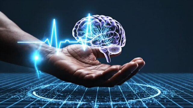4K animation of a human hand holds a glowing, holographic human brain above a grid surface for visualizing psychology, neurology, and mental wellness awareness.