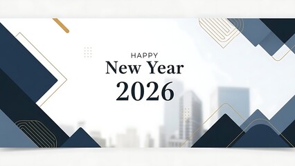 Modern Geometric Happy New Year 2026 Design with Cityscape Silhouette image photo