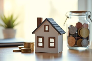 A miniature house sits beside a glass jar filled with coins, symbolizing home ownership and savings. Stacks of coins nearby reinforce the idea of building wealth toward homeownership.