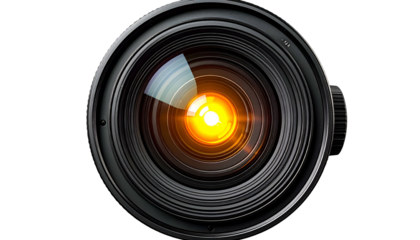 Close-up of a camera lens with a bright, warm light reflecting within the glass