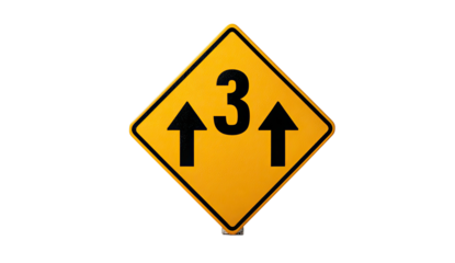 A diamond-shaped yellow warning sign with a black number and arrows, isolated on black