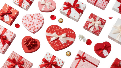 Variety of red and pink heart shaped and square gift boxes with ribbons and chocolates on transparent background