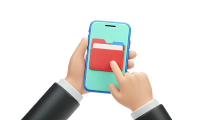 3D Render of Hands Holding Smartphone with Folder Icons