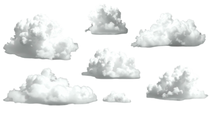 Seven fluffy, puffy white clouds with varying sizes and shapes against a transparent background