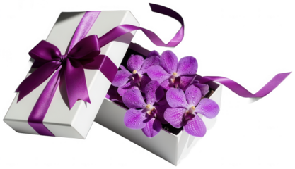 Open white gift box with purple orchids and purple ribbon on transparent background