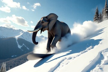 Elephant snowboards down snowy mountain slope, majestic against icy peaks and bright blue sky.
