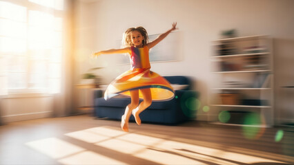 Joyful girl in colorful dress jumping on bed with sunlight streaming in, capturing pure laughter and happiness in a cozy, bright bedroom atmosphere