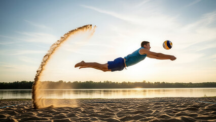 Dynamic group playing beach volleyball on a sandy riverbank with a sunset backdrop, capturing an athlete diving for the ball in mid-air