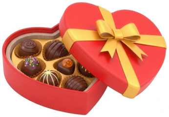Open red heart shaped box with assorted chocolate pralines and gold ribbon