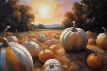 A serene autumn scene painted in warm, earthy tones: a winding path lined with ripe pumpkins and fallen leaves under a golden sunset sky. The soft brushstrokes evoke coziness and harvest season.