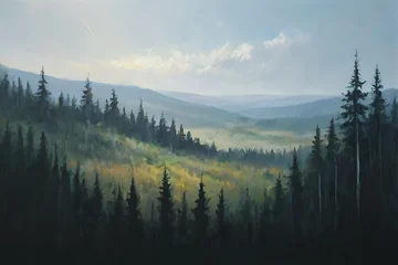 Sierkussen Mistig bos A misty forest valley, tall pine trees, soft light filtering through the fog.  © YiuCheung