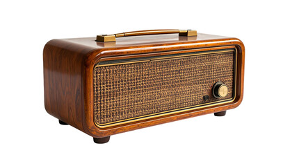 Vintage-style wooden radio with a woven speaker grille, brass accents, and a handle