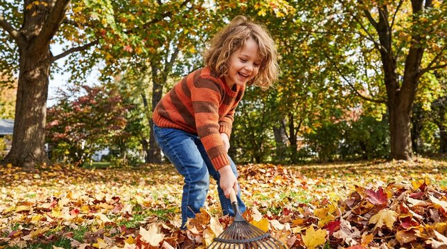 Young boy raking colorful autumn leaves in the park outdoors  