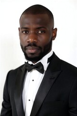 Portrait of a man in black tuxedo and bow tie, serious expression against plain white background.